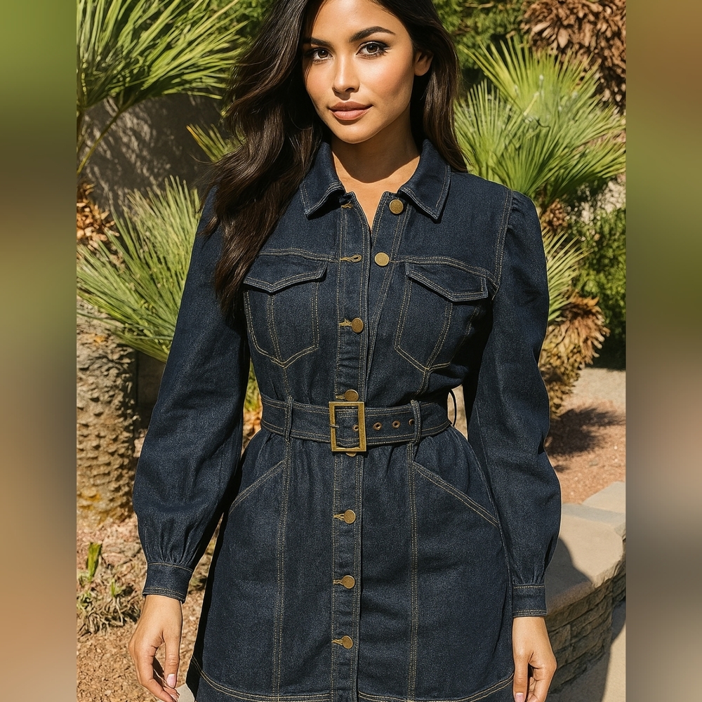 HABITUAL BELTED FRONT BUTTON DENIM DRESS